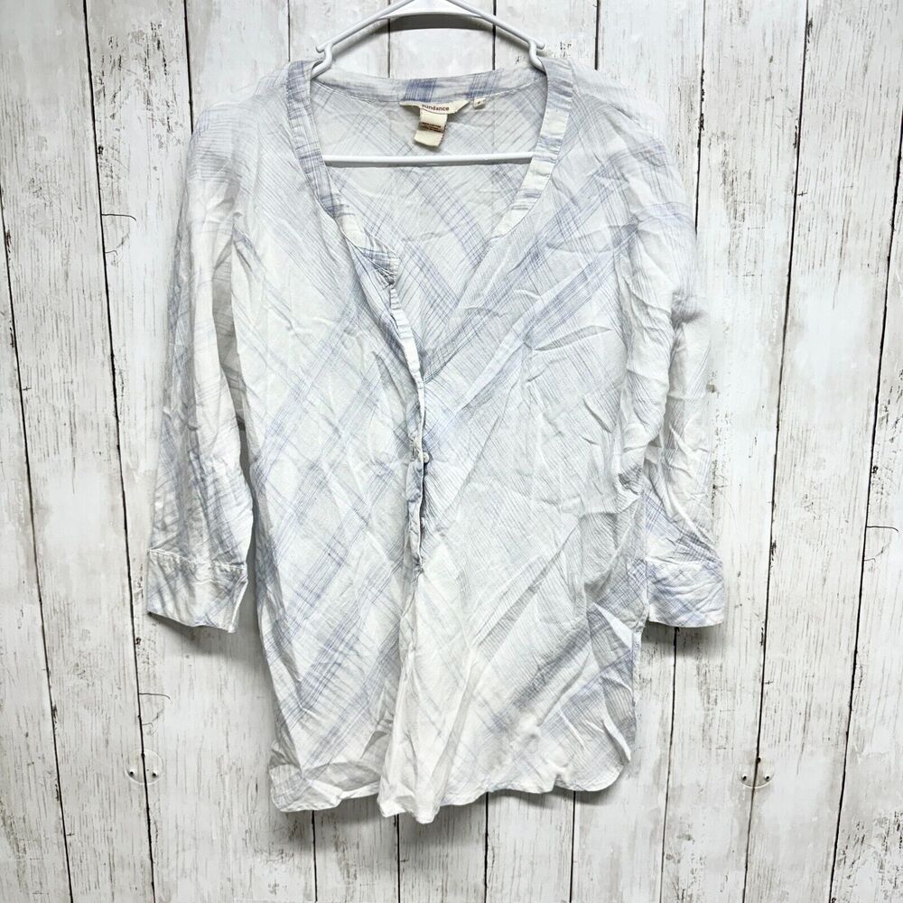 Sundance Button Down Top Womens‎ S Blue/White Textured 3/4 Sleeve 100% Cotton